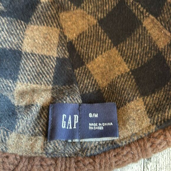 Ear-Flap Hat Blue Wool brown cableknit plaid flannel lined S/M Gap Vintage - Picture 8 of 12